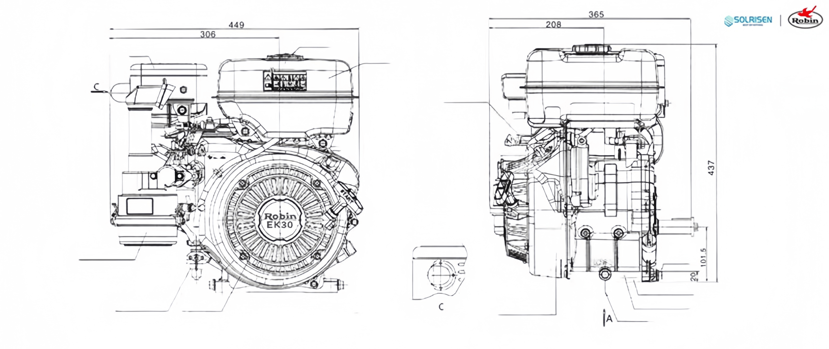 Tama&ntilde;o del motor Robin de 295 cc a la venta
